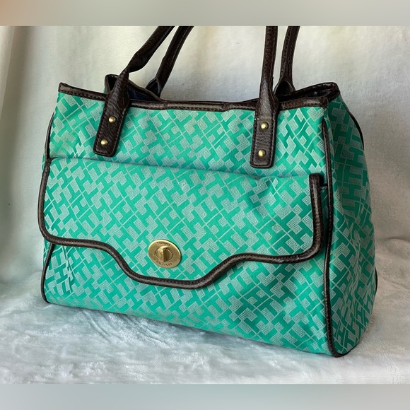 Tommy Hilfiger signature logo teal green satchel tote shoulder bag - Picture 4 of 10
